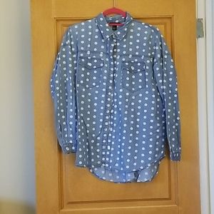 Blue and white polka dot button down